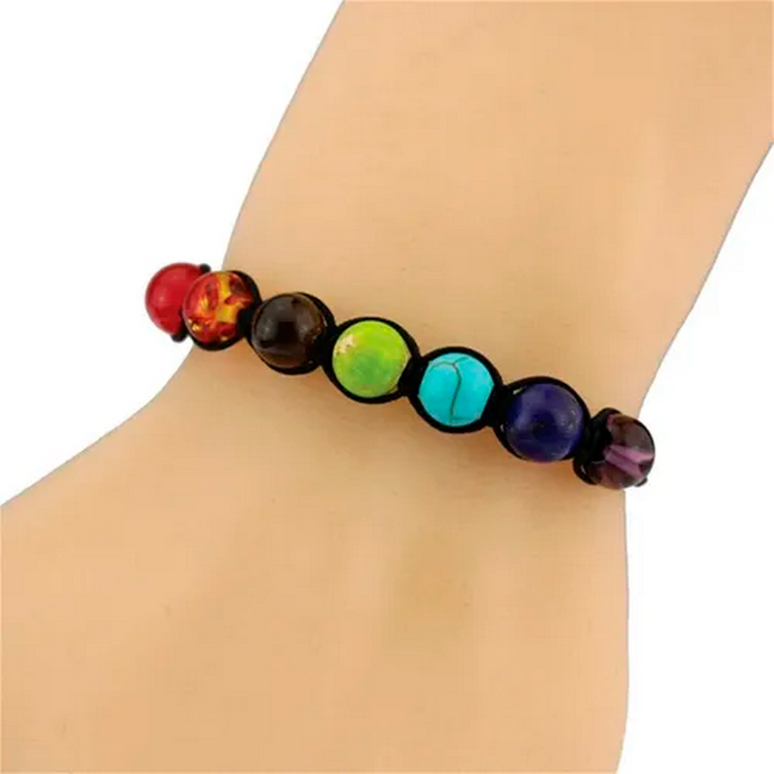 Pulsera 7 Chakras Cuarzos Tejida Negra Unisex + Estuche 